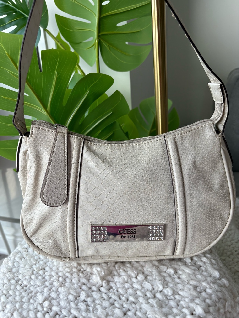 Vintage Y2K Guess Shoulder Bag Cream Faux Snakeskin Rhinestone Everyday Purse